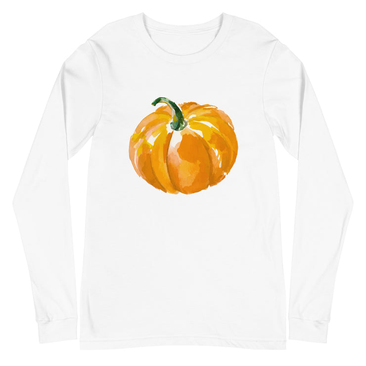 Watercolor Pumpkin Long Sleeve Tee - White